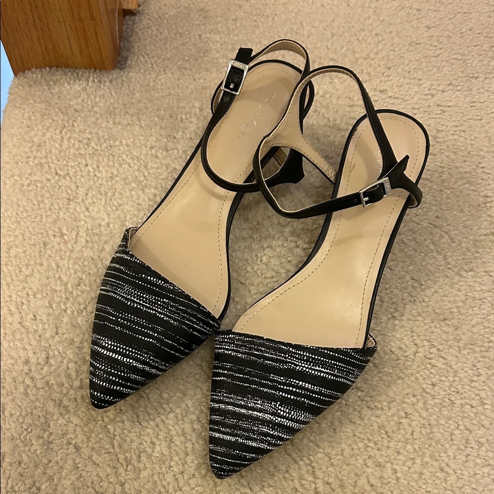 Calvin Klein Black and White Striped Heels